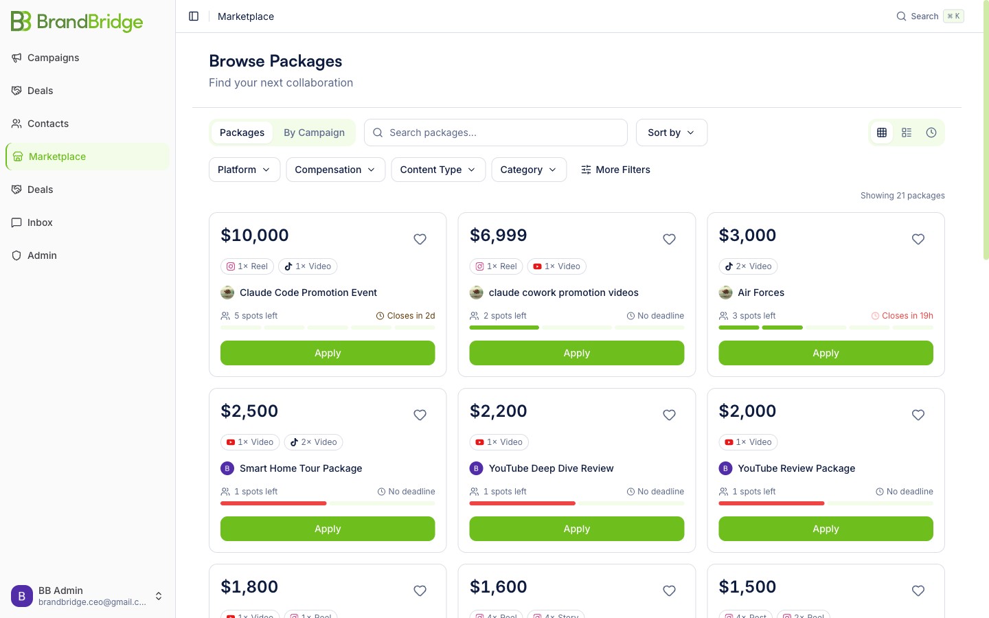 Creator marketplace with verified profiles showing follower metrics, engagement rates, and content categories